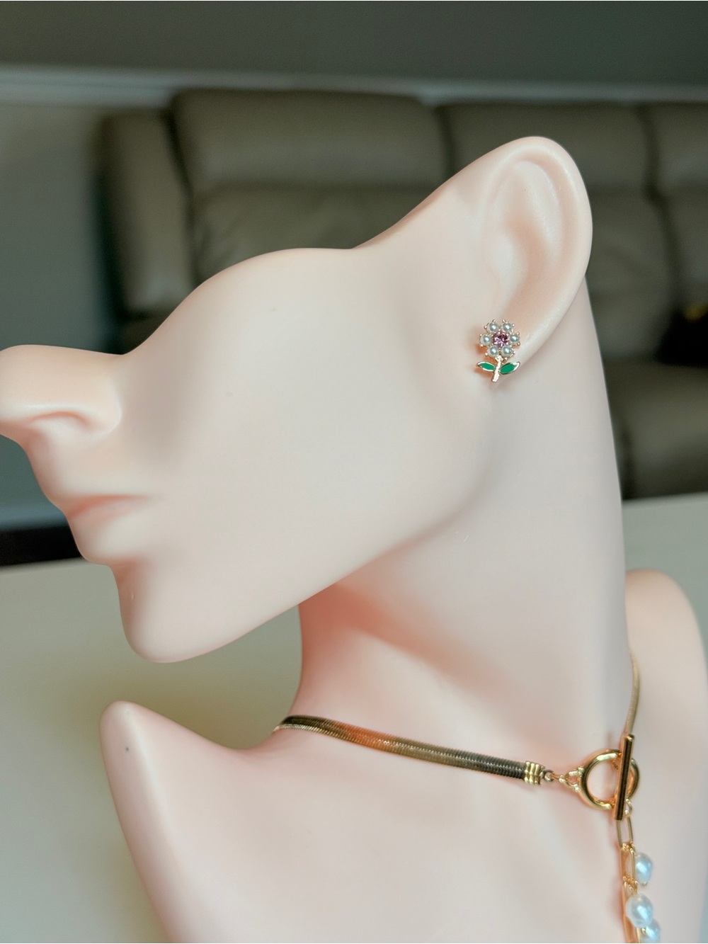 Delicate Pink Flower Stud Earrings with Green Leaves